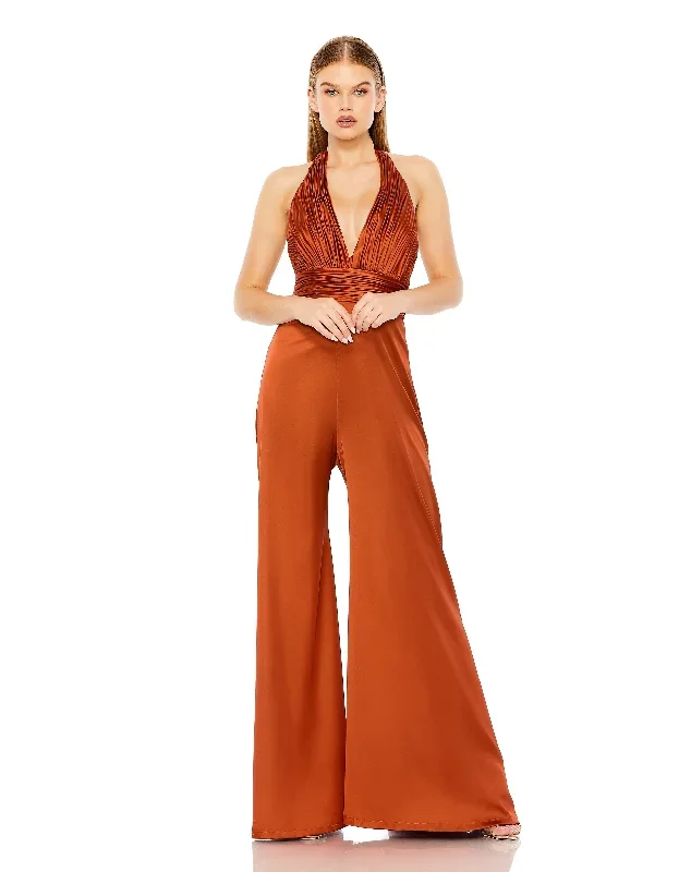 Ruched Halter Top Wide Leg Satin Jumpsuit