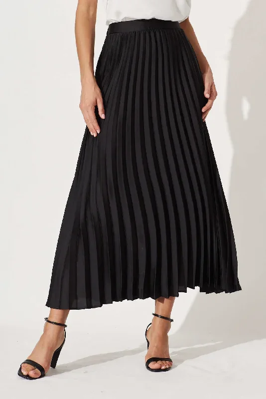 Allison Midi Pleat Skirt In Black Satin