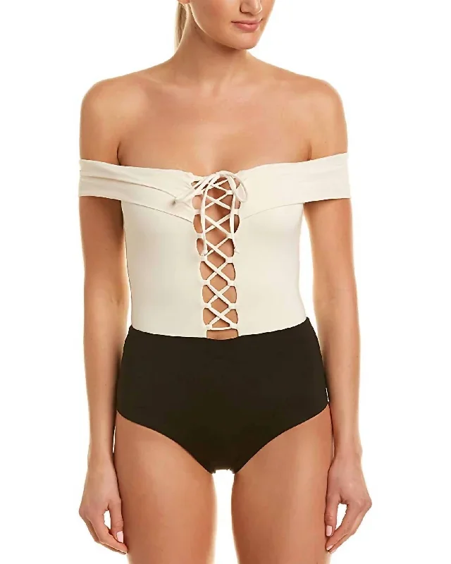 Anja Off The Shoulder Lace Up Tie One-Piece Swimsuit In Cream/black