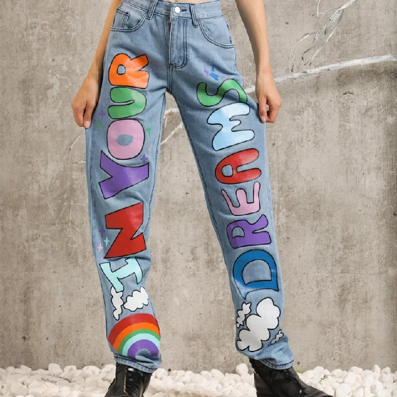 FashionSierra - Fashion Womens Jeans Rainbow Print Straight Jeans