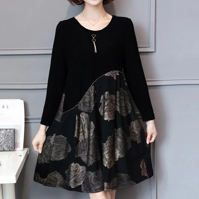 autumn gold floral patchwork knit dresses oversize long sleeve a line dress