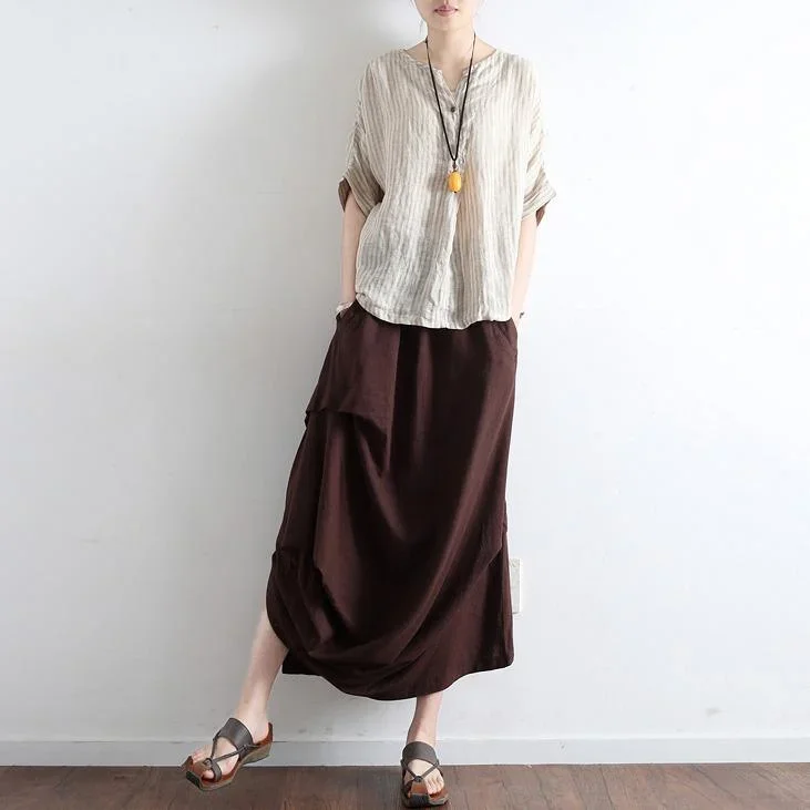 autumn new brown vintage linen maxi skirts plus size wrinkled casual skirts