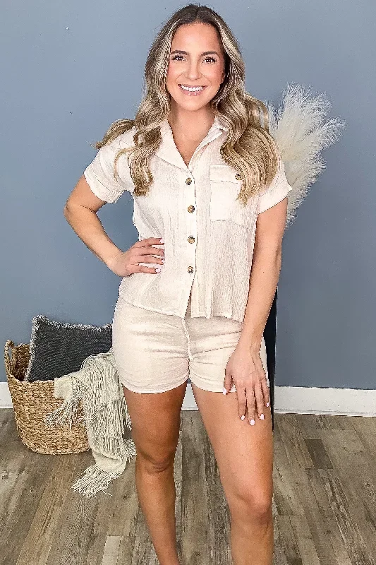 Beige Gauze Button Up Top and Shorts Set