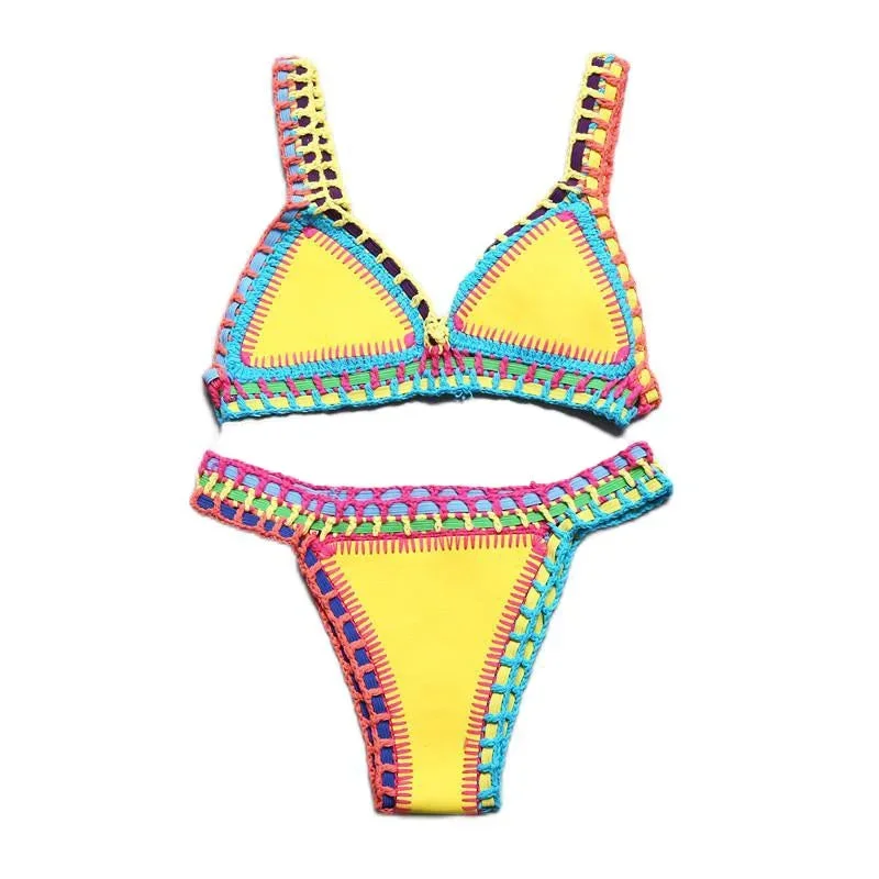 Bikini Crochet 2022 Handmade Knit Patchwork Reversible 2 Piece Swimsuit Women Halter Top Brazilian Bathing Suit Thong Swimwear