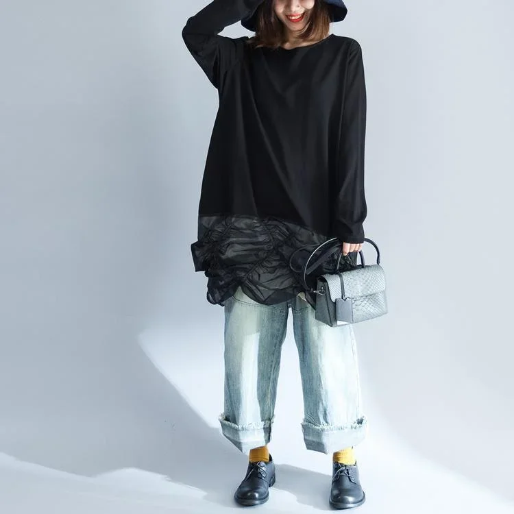 black-cotton-patchwork-knit-tops-plus-size-casual-sweaters