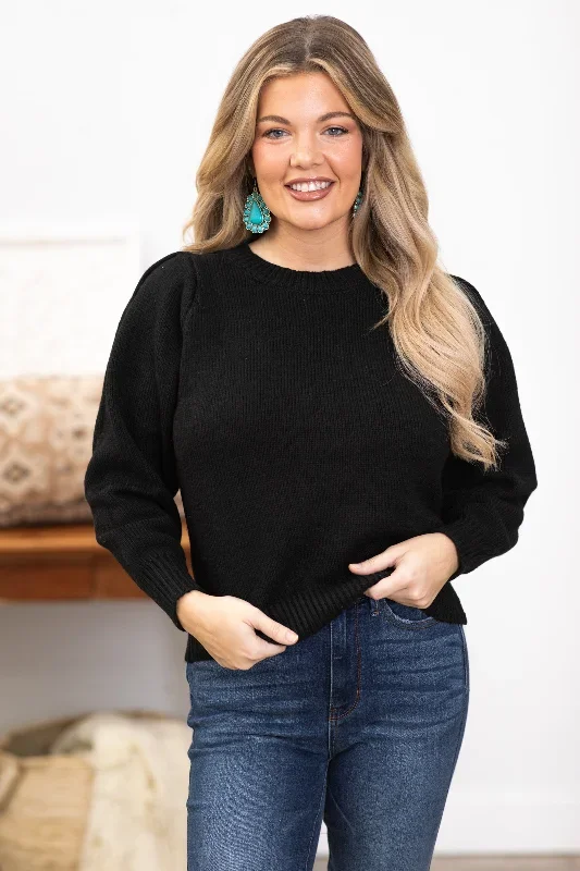 Black Melange Puff Sleeve Sweater