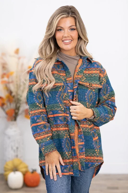 Blue and Neon Orange Aztec Print Shacket