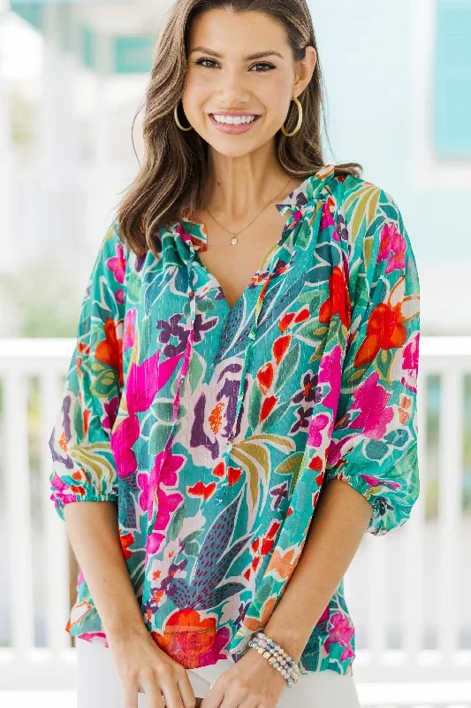 Boldly You Teal Green Floral  Blouse