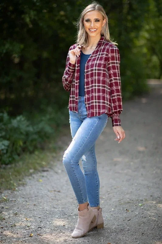 burgundy-and-beige-plaid-button-up-top