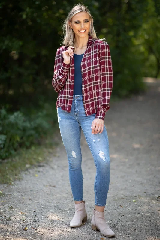 burgundy-and-beige-plaid-button-up-top