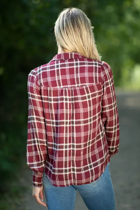 burgundy-and-beige-plaid-button-up-top