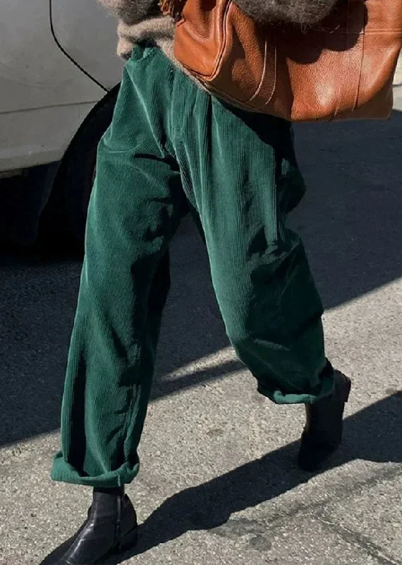 Casual Green Pockets Corduroy Straight Pants Fall