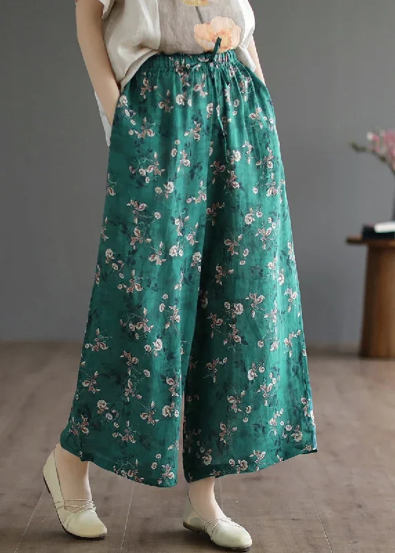 casual-green-pockets-print-lace-up-elastic-waist-linen-wide-leg-pants-summer