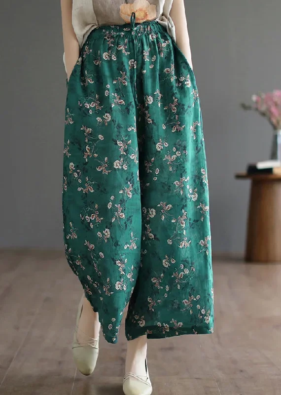 casual-green-pockets-print-lace-up-elastic-waist-linen-wide-leg-pants-summer