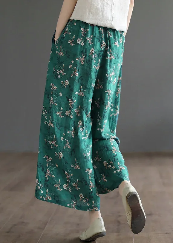 casual-green-pockets-print-lace-up-elastic-waist-linen-wide-leg-pants-summer