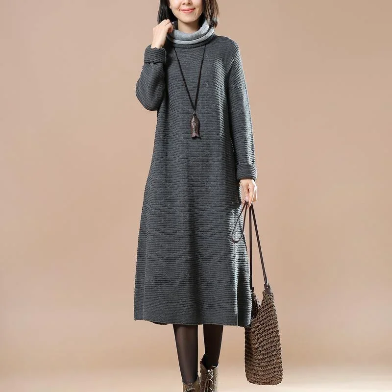 chunky dark gray sweater dress oversize long knit sweaters casual long knit gown sweaters turtle neck