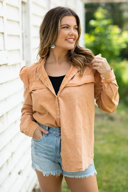 Cinnamon Button Up Flutter Sleeve Detail Top