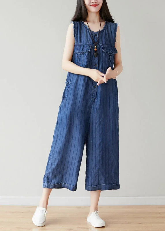 Classy Navy O-Neck Striped Cotton Jumpsuits Wide Leg Pants Sleeveless