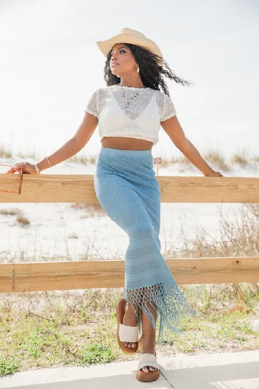 Clover Fields Blue Fringe Hem Knit Maxi Skirt