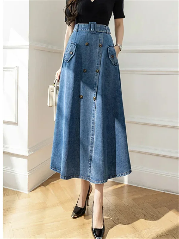 2024 Women's Long Skirt With High Wasit Double Breasted Umbrella Jeans Female Skirt