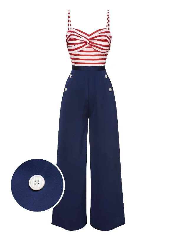 Hot Sell Dark Blue 1930s Spaghetti Strap Stripes Jumpsuit