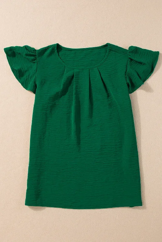 dark-green-solid-color-textured-pleated-flutter-sleeve-blouse