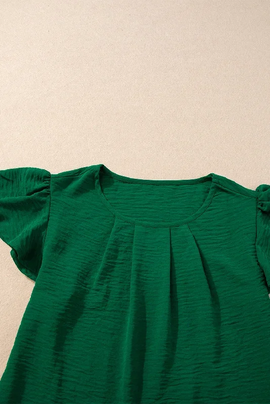 dark-green-solid-color-textured-pleated-flutter-sleeve-blouse