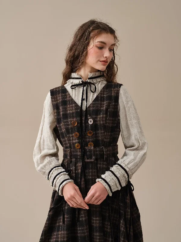 double-breasted-wool-dress-in-browm-tartan-dress-belt-dress-sleeveless-dress-vintage-dress-linennaive