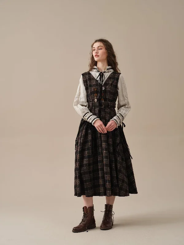 double-breasted-wool-dress-in-browm-tartan-dress-belt-dress-sleeveless-dress-vintage-dress-linennaive