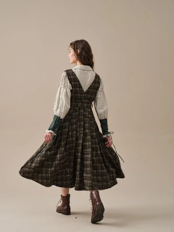 double-breasted-wool-dress-in-browm-tartan-dress-belt-dress-sleeveless-dress-vintage-dress-linennaive