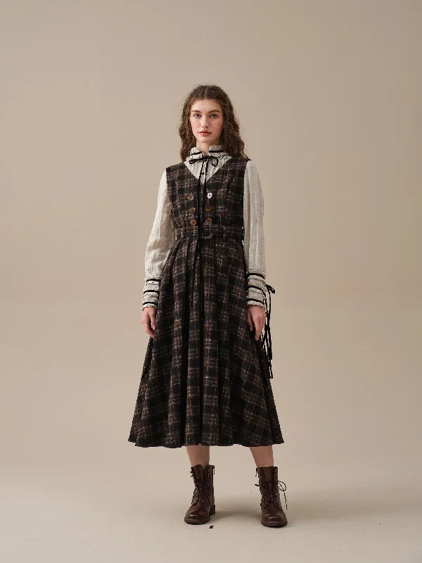 double-breasted-wool-dress-in-browm-tartan-dress-belt-dress-sleeveless-dress-vintage-dress-linennaive