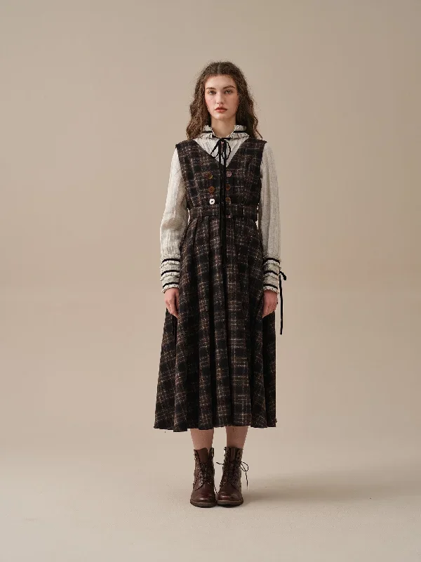 double-breasted-wool-dress-in-browm-tartan-dress-belt-dress-sleeveless-dress-vintage-dress-linennaive