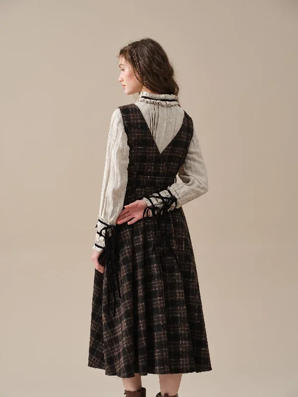 double-breasted-wool-dress-in-browm-tartan-dress-belt-dress-sleeveless-dress-vintage-dress-linennaive