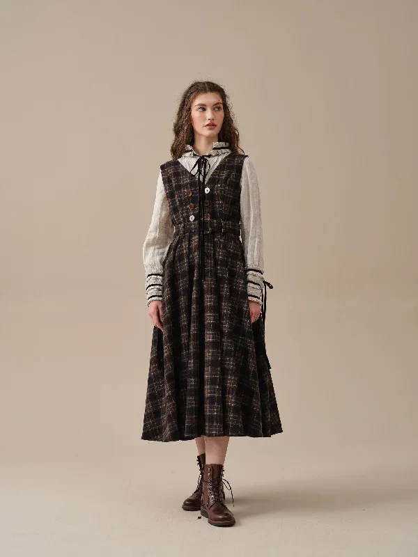 double-breasted-wool-dress-in-browm-tartan-dress-belt-dress-sleeveless-dress-vintage-dress-linennaive