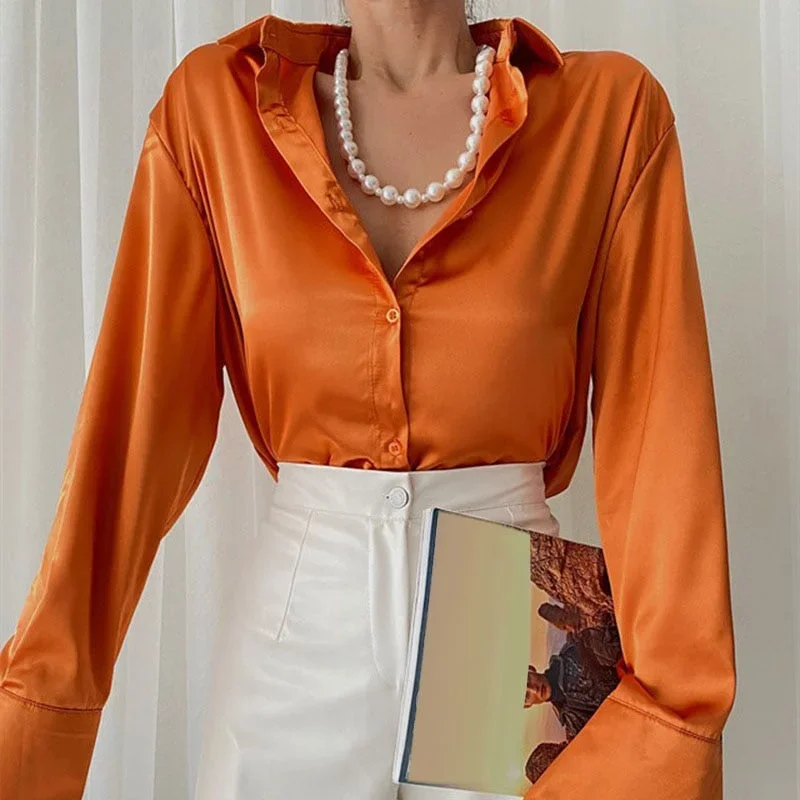 FashionSierra - Elegant Satin Long Sleeve Blouses