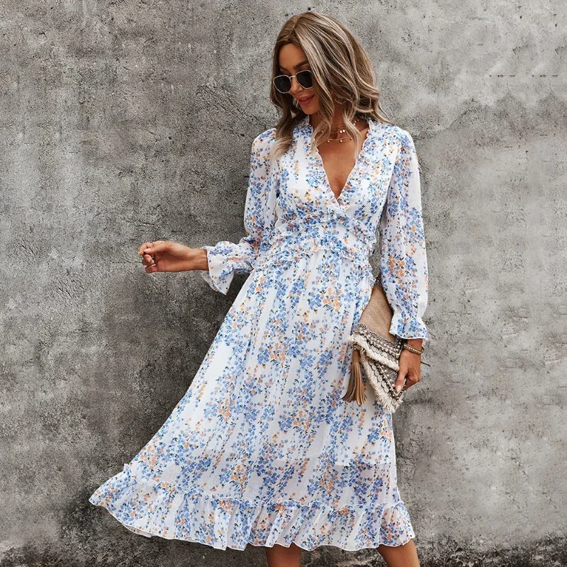 FashionSierra-Sexy  Floral Print  Deep V Neck  Long  Chiffon  Ruffle  Butterfly Sleeve  Spring  Holiday  Mid-calf  Vestidos  Boho Dress