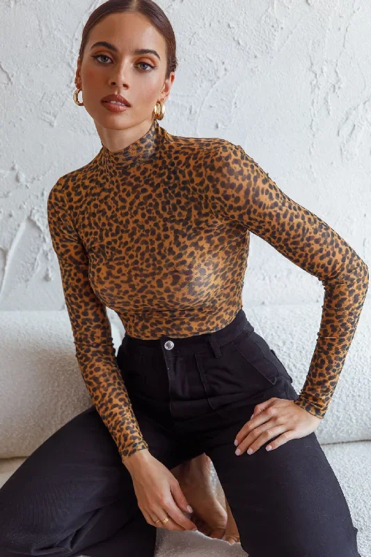 Feelin' It Long Sleeve Turtleneck Sheer Bodysuit Orange Leopard Print