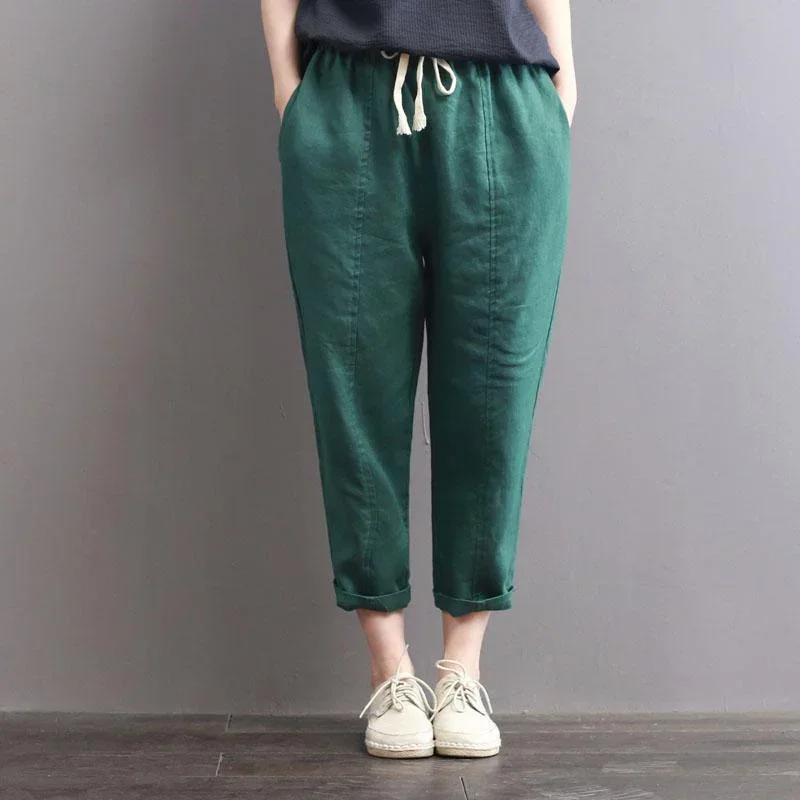 fine linen green pants casual oversize elastic waist harem pants