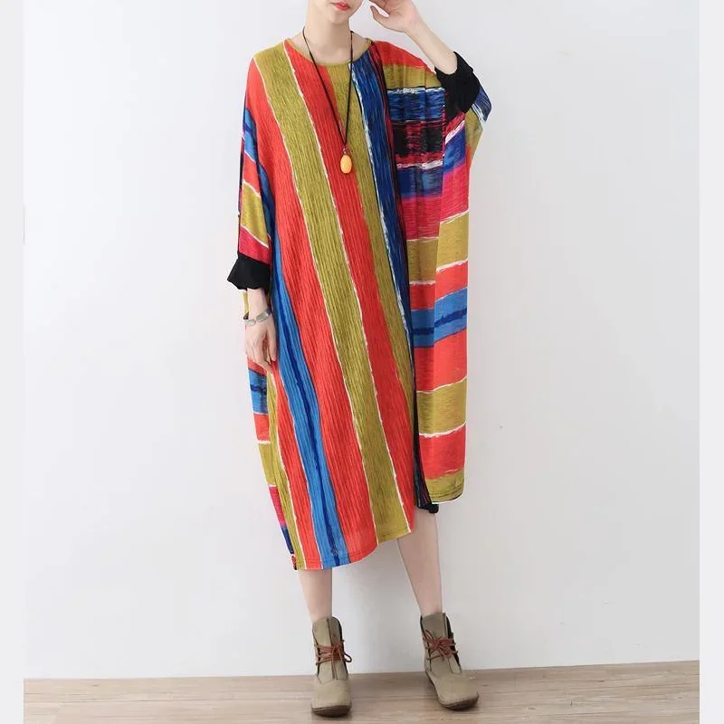 Fine Rainbow Natural Linen Dress Oversize Striped Traveling Dress Elegant Asymmetrical Kaftans