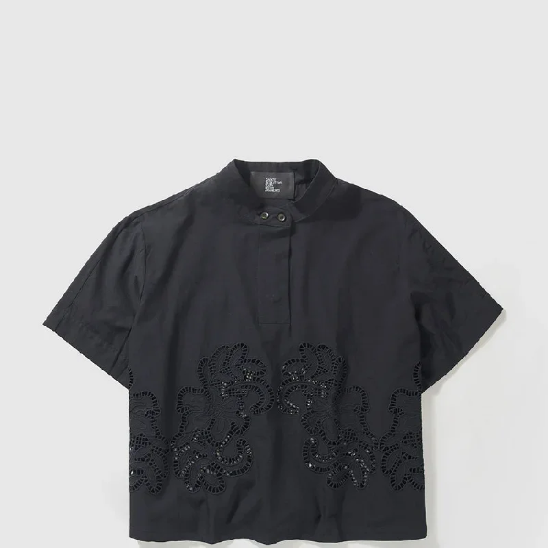 BLACK BLOUSE ""FLORA"" WITH FLORAL LACE DETAILS