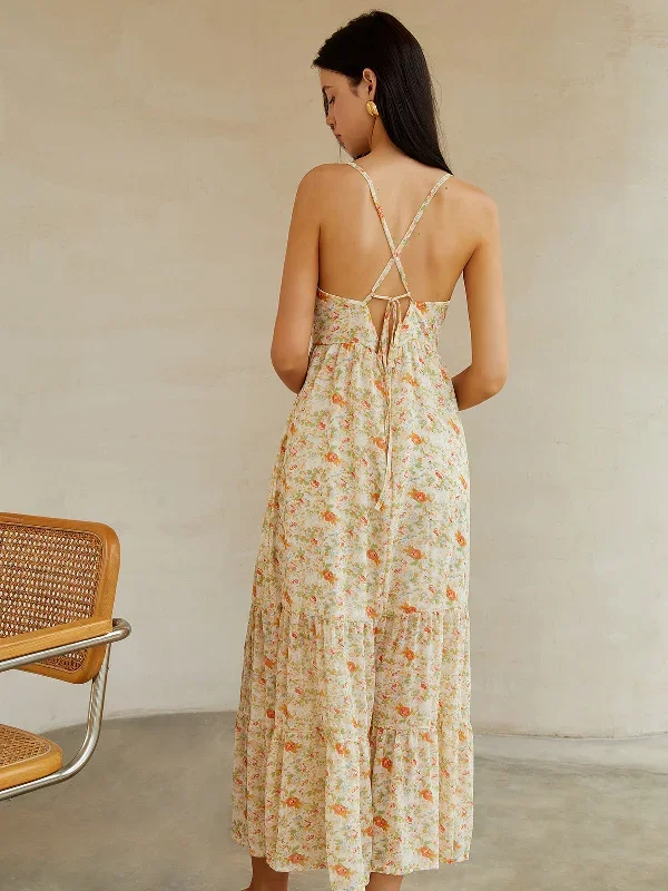 Floral Backless Knotted Crisscross Cami Long Dress