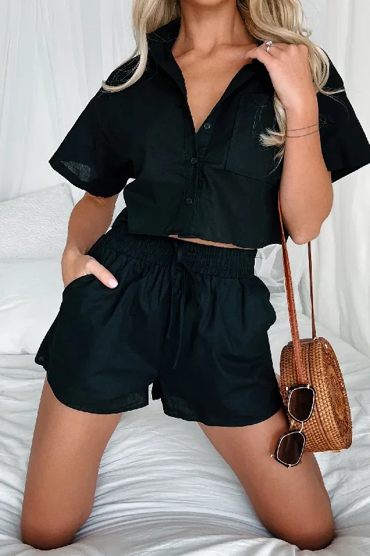 fooling-myself-linen-button-down-shirt-shorts-set-black