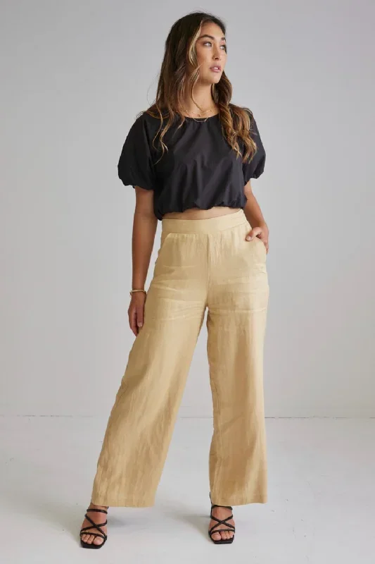 Freedom Dark Straw Flat Front Deep Waistband Wide Leg Linen Pant