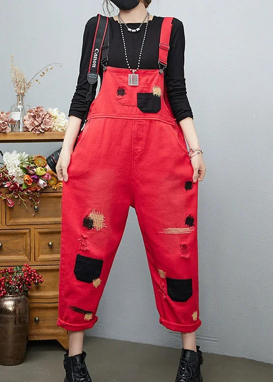 French Red Embroideried Patchwork Cotton Denim Jumpsuits Spring