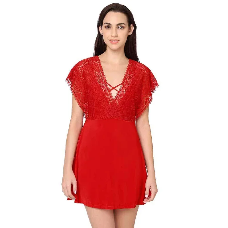 Gaia Non Padded Non Wired Bridal Wear Short Lace Babydoll Chemise - Red