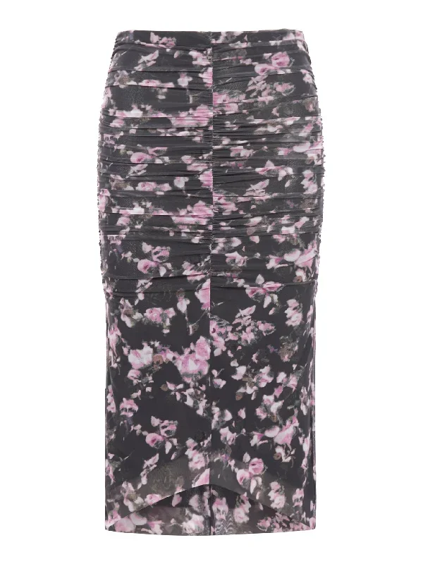 PRINTED MESH RUCHED MIDI SKIRT