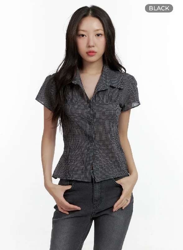 gingham-buttoned-collar-short-sleeve-blouse-cl410