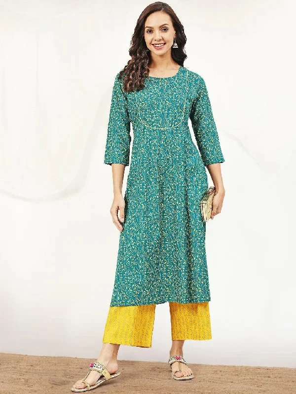 Green Cotton Botanical Print Straight Kurta