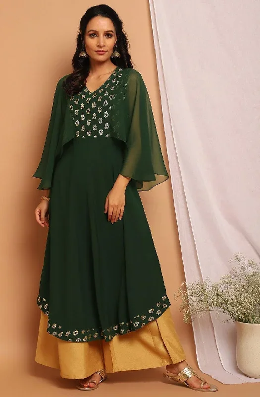 Green Poly Crepe Paisley Flared Kurta