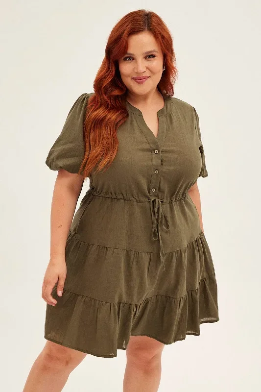 Green Skater Dress V-Neck Short Sleeve Button